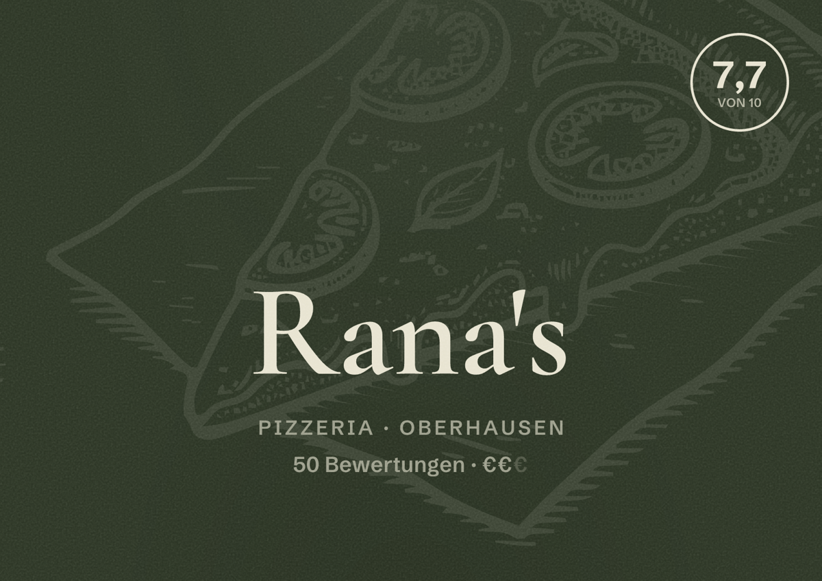Illustriertes Poster von Rana's, Pizzeria in Oberhausen: Bewertung 7,7 von 10 aus 50 Bewertungen, Preisniveau €€