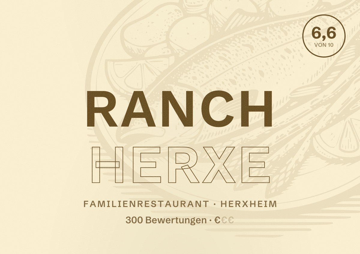 Illustriertes Poster von Ranch Herxe, Familienrestaurant in Herxheim: Bewertung 6,6 von 10 aus 300 Bewertungen, Preisniveau €
