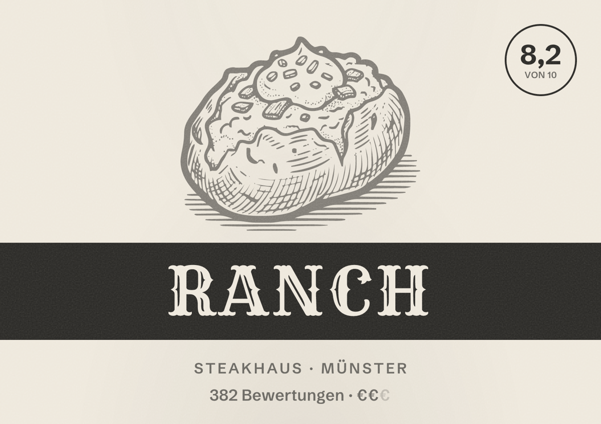Illustriertes Poster von Ranch, Steakhaus in Münster: Bewertung 8,2 von 10 aus 382 Bewertungen, Preisniveau €€