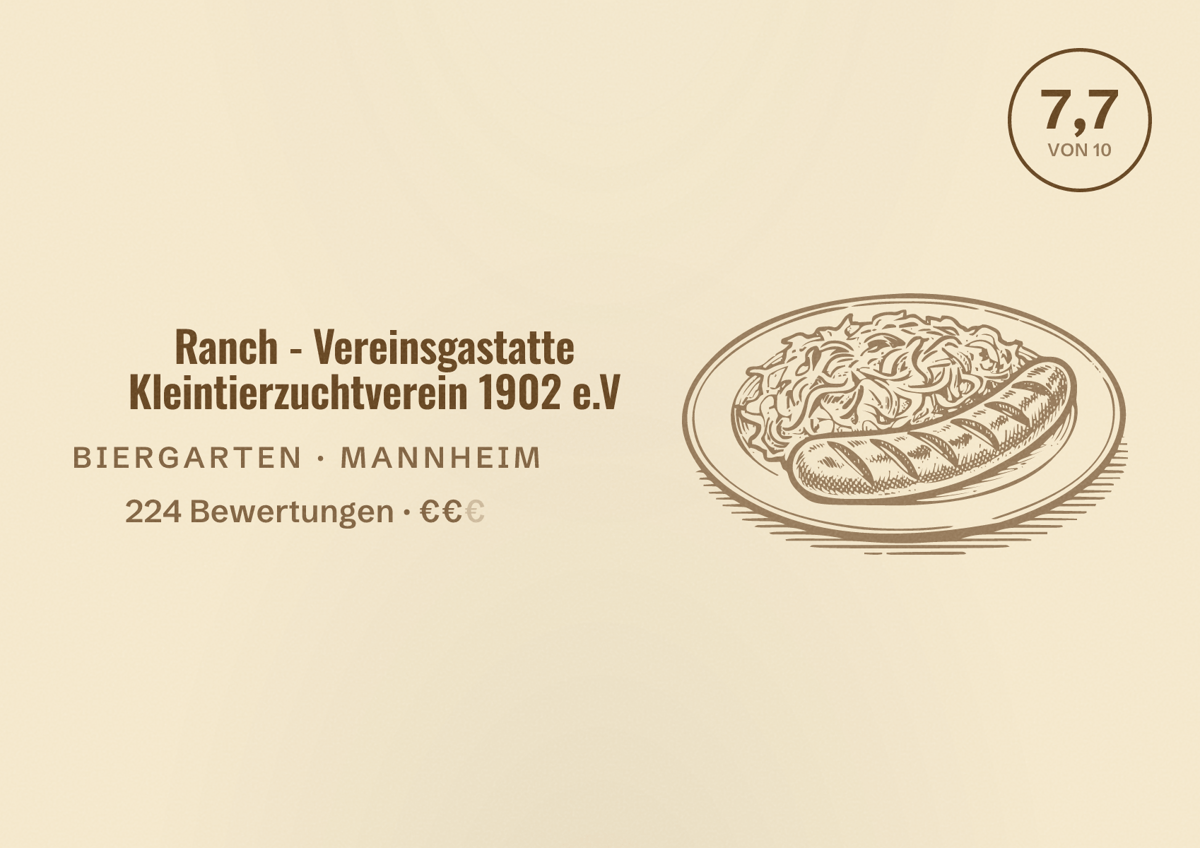 Illustriertes Poster von Ranch - Vereinsgastatte Kleintierzuchtverein 1902 e.V, Biergarten in Mannheim: Bewertung 7,7 von 10 aus 224 Bewertungen, Preisniveau €€