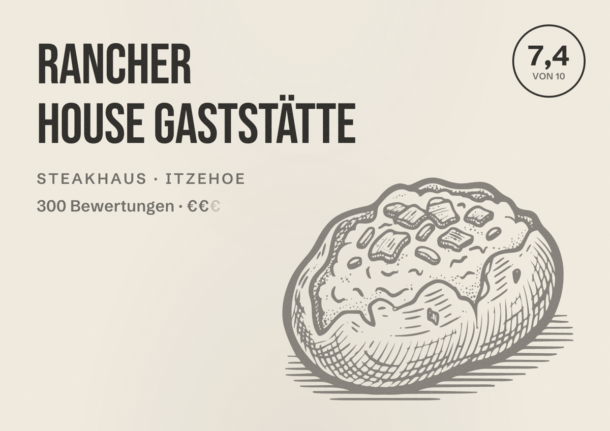 Illustriertes Poster von Rancher House Gaststätte, Steakhaus in Itzehoe: Bewertung 7,4 von 10 aus 300 Bewertungen, Preisniveau €€