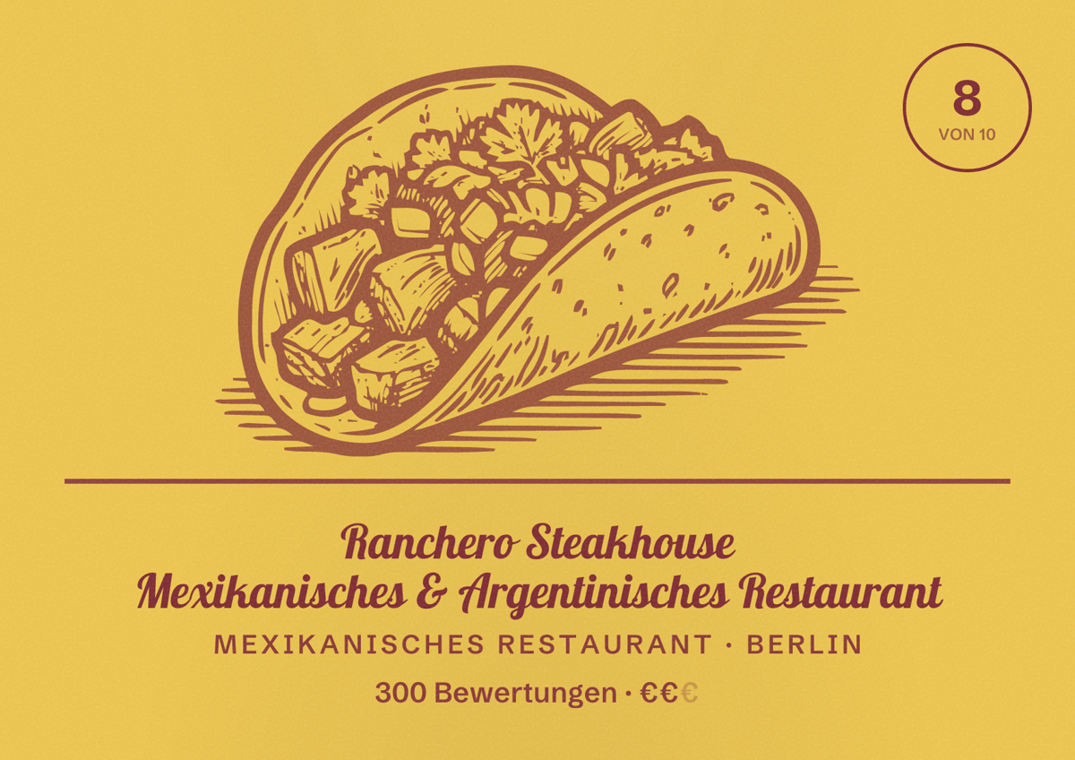 Illustriertes Poster von Ranchero Steakhouse Mexikanisches & Argentinisches Restaurant, Mexikanisches Restaurant in Berlin: Bewertung 8 von 10 aus 300 Bewertungen, Preisniveau €€