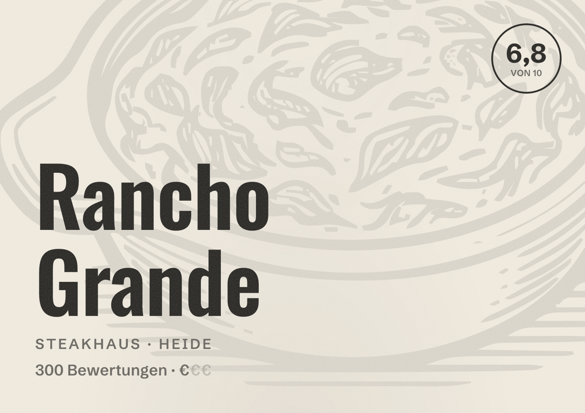 Illustriertes Poster von Rancho Grande, Steakhaus in Heide: Bewertung 6,8 von 10 aus 300 Bewertungen, Preisniveau €