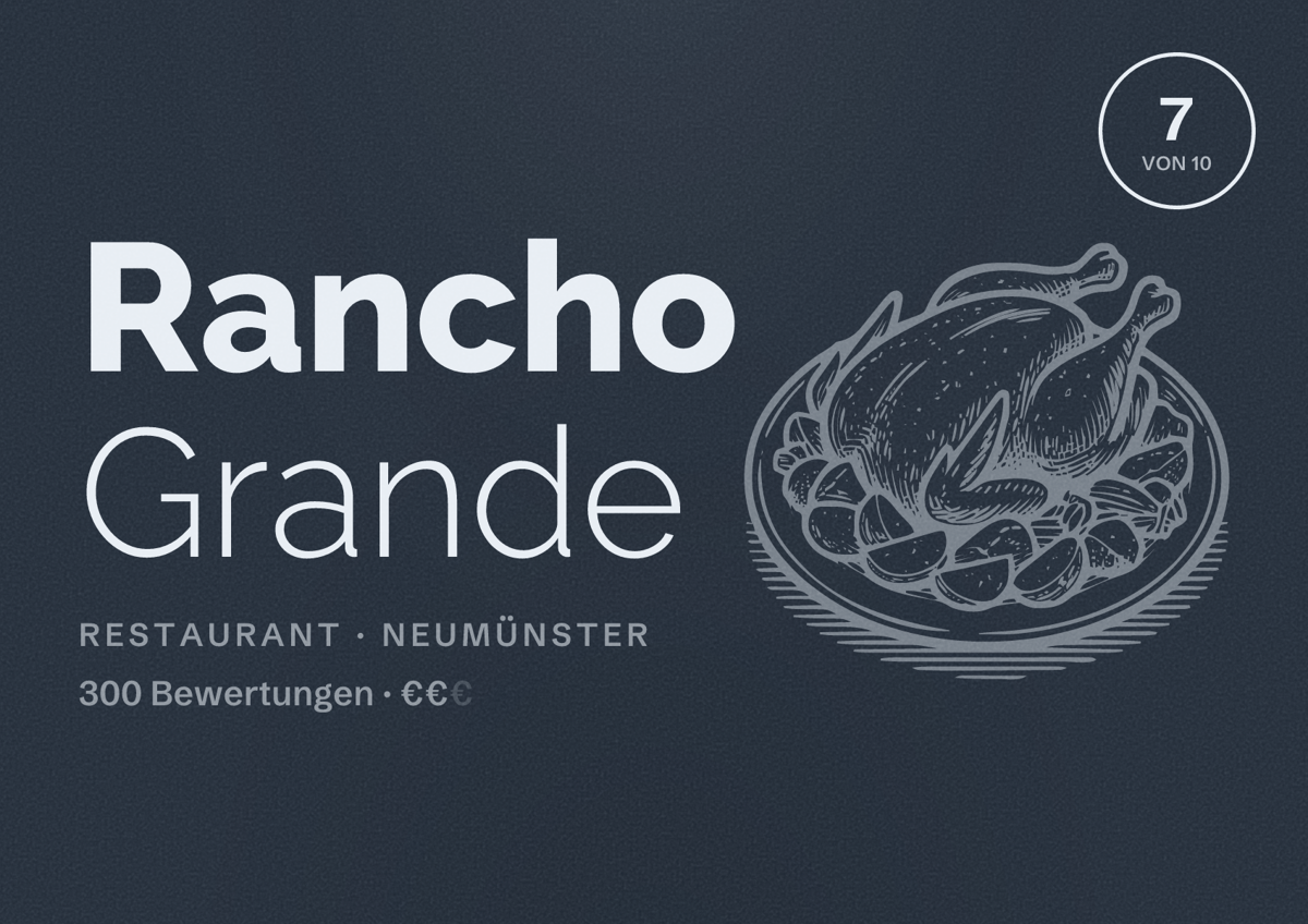 Illustriertes Poster von Rancho Grande, Restaurant in Neumünster: Bewertung 7 von 10 aus 300 Bewertungen, Preisniveau €€