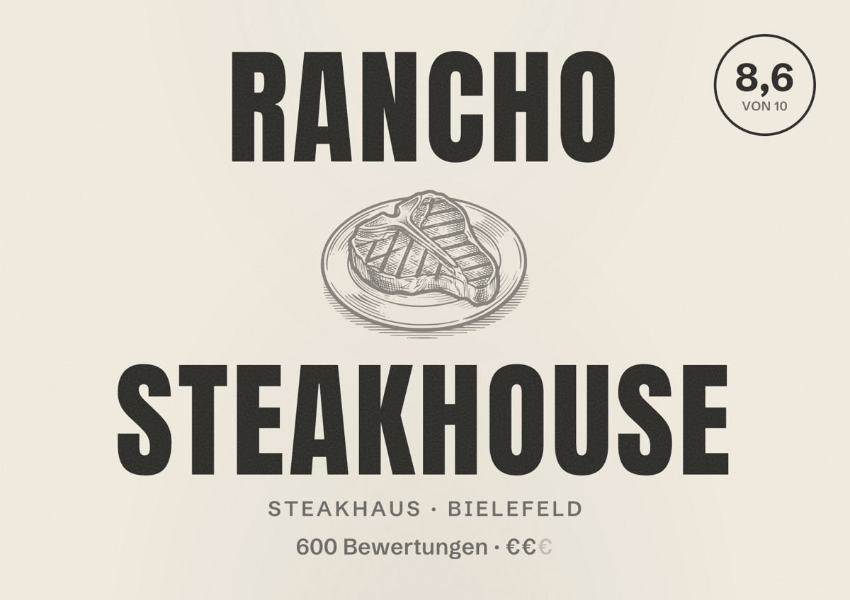 Illustriertes Poster von Rancho Steakhouse, Steakhaus in Bielefeld: Bewertung 8,6 von 10 aus 600 Bewertungen, Preisniveau €€