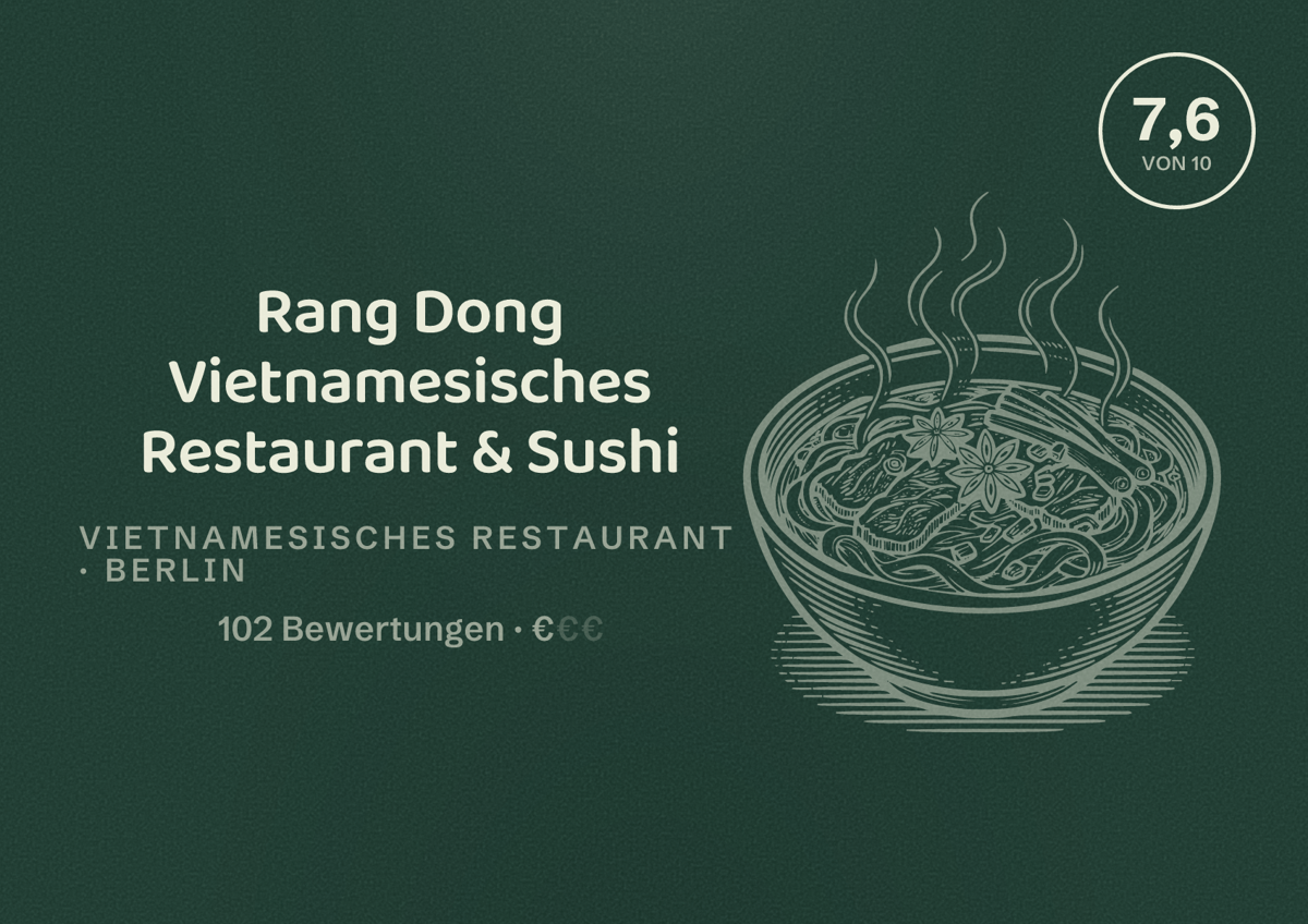 Illustriertes Poster von Rang Dong Vietnamesisches Restaurant & Sushi, Vietnamesisches Restaurant in Berlin: Bewertung 7,6 von 10 aus 102 Bewertungen, Preisniveau €