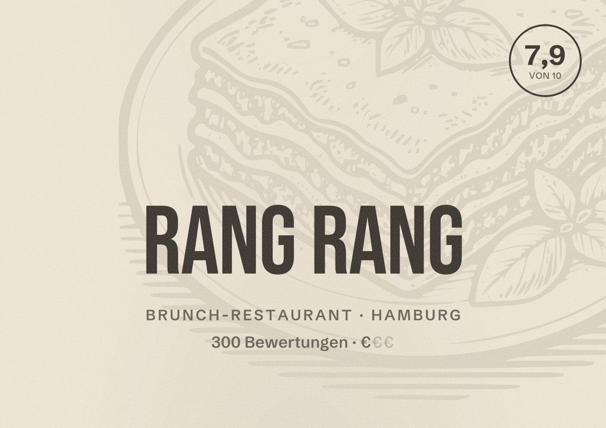 Illustriertes Poster von Rang Rang, Brunch-Restaurant in Hamburg: Bewertung 7,9 von 10 aus 300 Bewertungen, Preisniveau €
