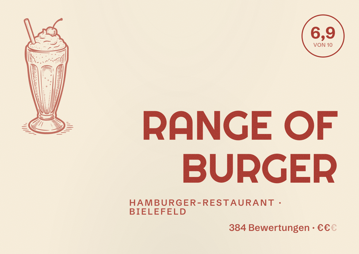 Illustriertes Poster von RANGE OF BURGER, Hamburger-Restaurant in Bielefeld: Bewertung 6,9 von 10 aus 384 Bewertungen, Preisniveau €€