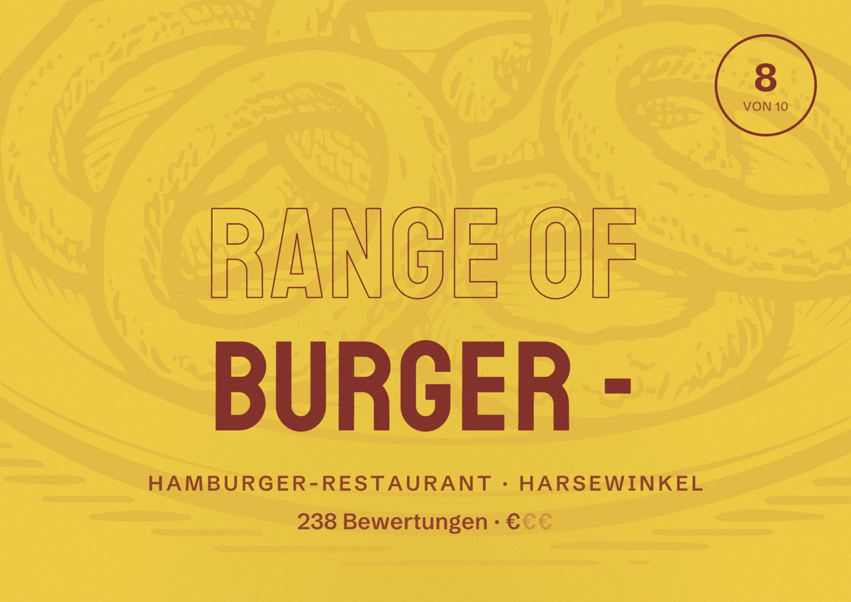 Illustriertes Poster von Range of Burger -, Hamburger-Restaurant in Harsewinkel: Bewertung 8 von 10 aus 238 Bewertungen, Preisniveau €