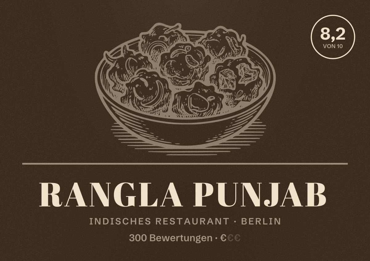 Illustriertes Poster von Rangla Punjab, Indisches Restaurant in Berlin: Bewertung 8,2 von 10 aus 300 Bewertungen, Preisniveau €