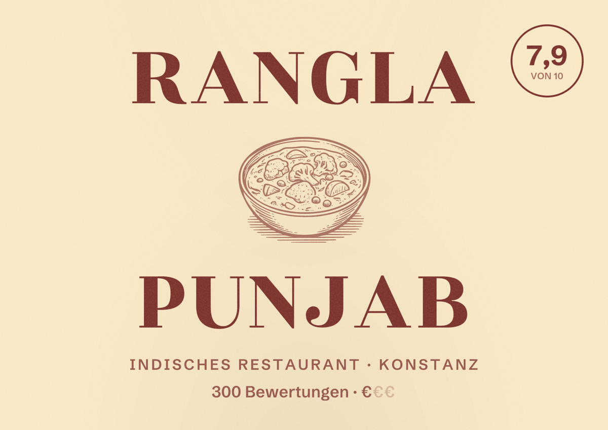Illustriertes Poster von Rangla Punjab, Indisches Restaurant in Konstanz: Bewertung 7,9 von 10 aus 300 Bewertungen, Preisniveau €