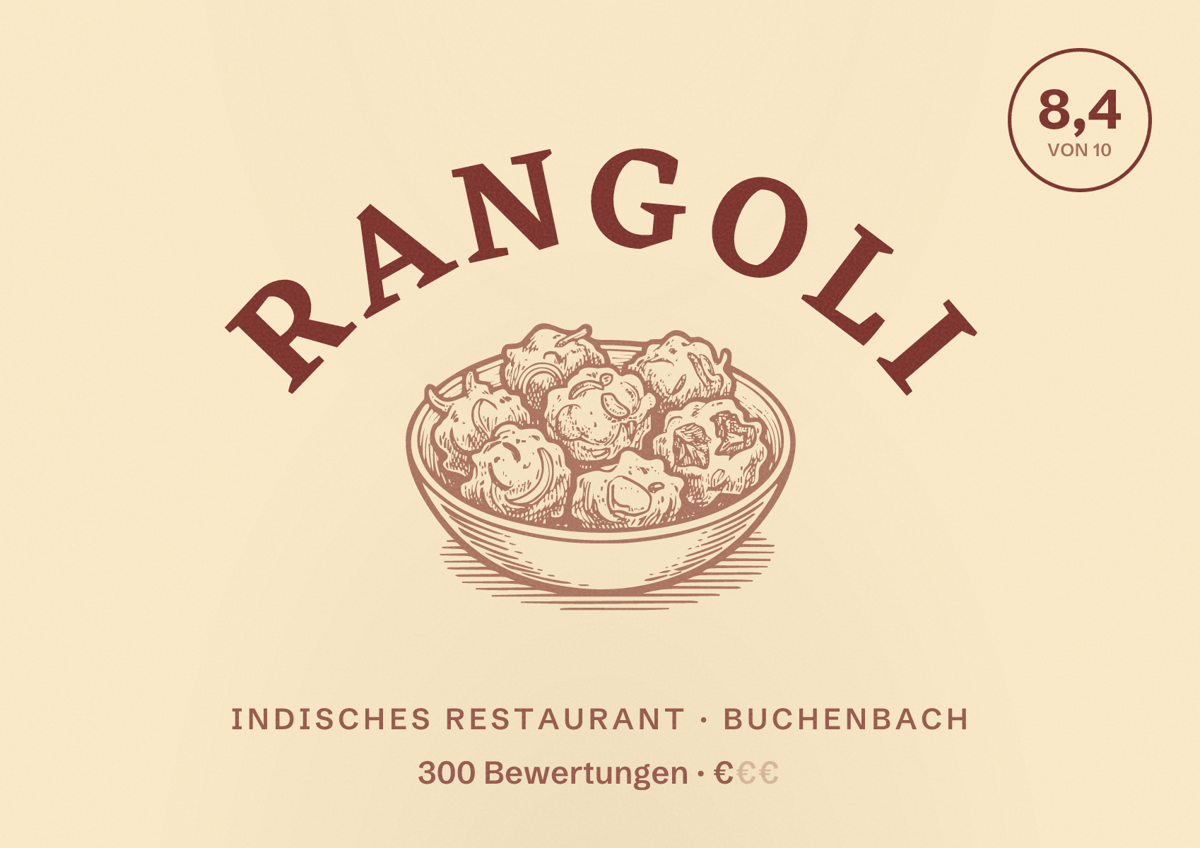 Illustriertes Poster von Rangoli, Indisches Restaurant in Buchenbach: Bewertung 8,4 von 10 aus 300 Bewertungen, Preisniveau €