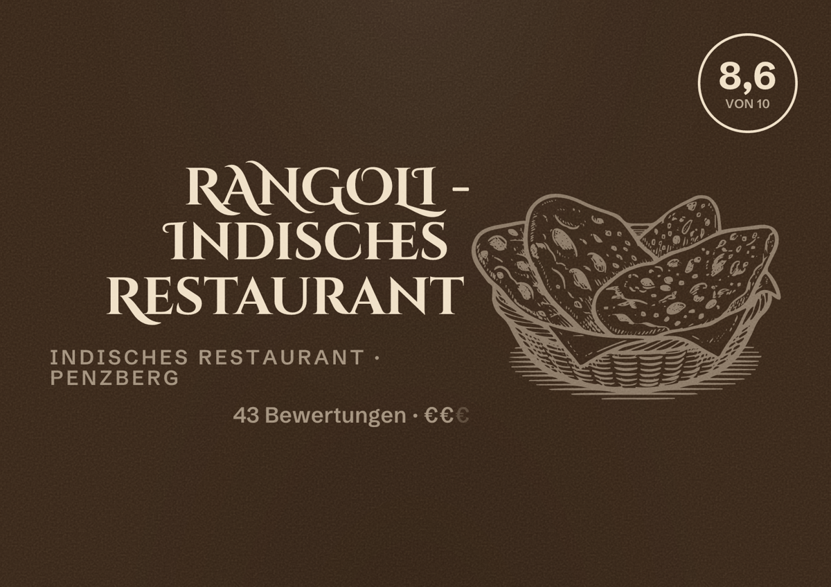 Illustriertes Poster von RANGOLI - Indisches Restaurant, Indisches Restaurant in Penzberg: Bewertung 8,6 von 10 aus 43 Bewertungen, Preisniveau €€