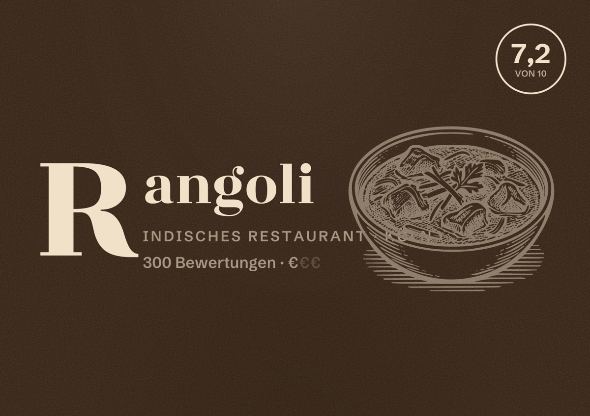 Illustriertes Poster von Rangoli, Indisches Restaurant in Köln: Bewertung 7,2 von 10 aus 300 Bewertungen, Preisniveau €