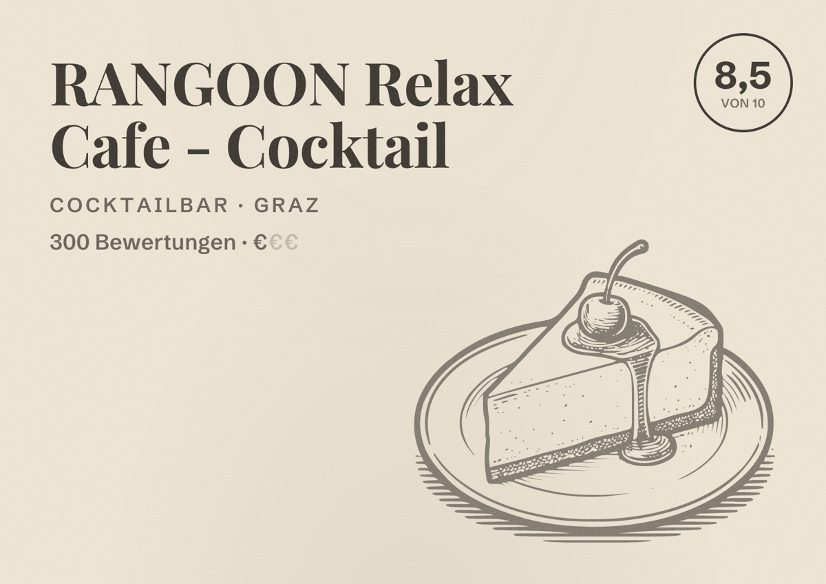 Illustriertes Poster von RANGOON Relax Cafe - Cocktail, Cocktailbar in Graz: Bewertung 8,5 von 10 aus 300 Bewertungen, Preisniveau €