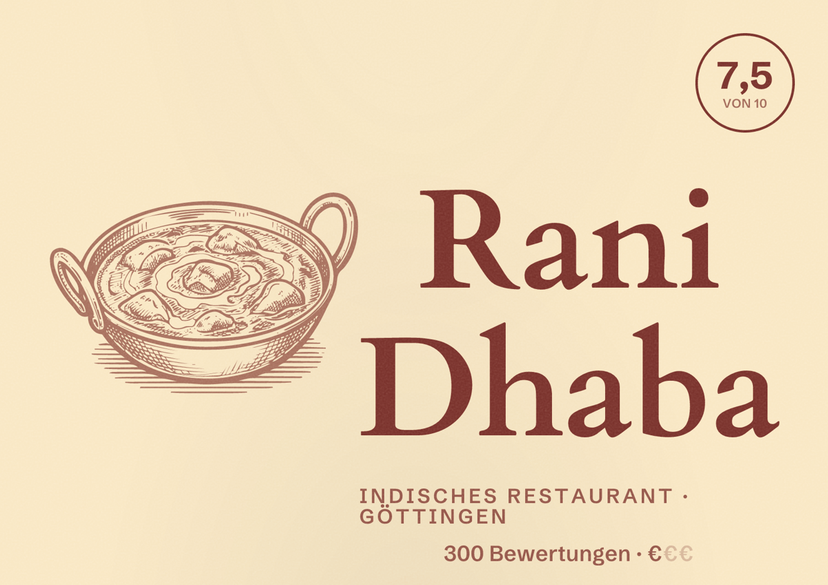 Illustriertes Poster von Rani Dhaba, Indisches Restaurant in Göttingen: Bewertung 7,5 von 10 aus 300 Bewertungen, Preisniveau €