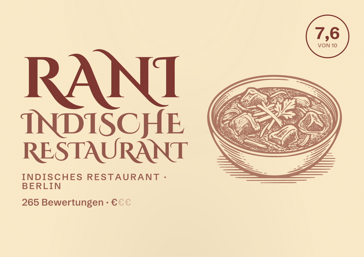 Illustriertes Poster von Rani Indische Restaurant, Indisches Restaurant in Berlin: Bewertung 7,6 von 10 aus 265 Bewertungen, Preisniveau €