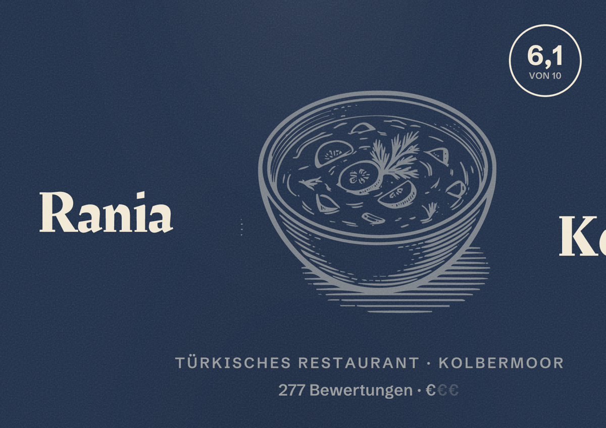 Illustriertes Poster von Rania Kebap, Türkisches Restaurant in Kolbermoor: Bewertung 6,1 von 10 aus 277 Bewertungen, Preisniveau €