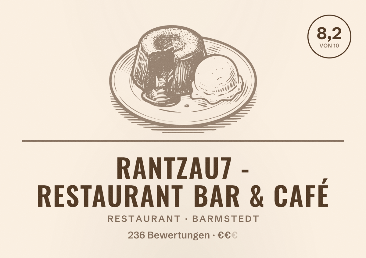 Illustriertes Poster von Rantzau7 - Restaurant Bar & Café, Restaurant in Barmstedt: Bewertung 8,2 von 10 aus 236 Bewertungen, Preisniveau €€