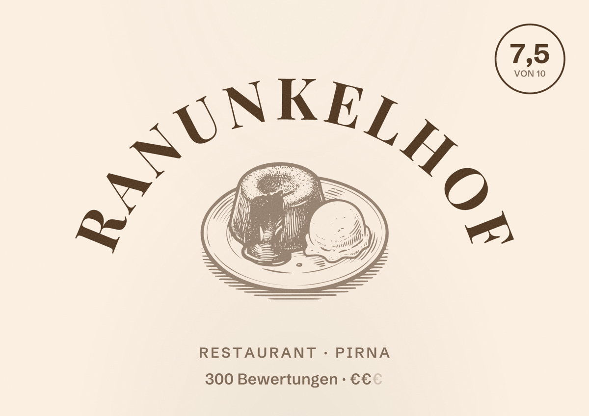 Illustriertes Poster von Ranunkelhof, Restaurant in Pirna: Bewertung 7,5 von 10 aus 300 Bewertungen, Preisniveau €€