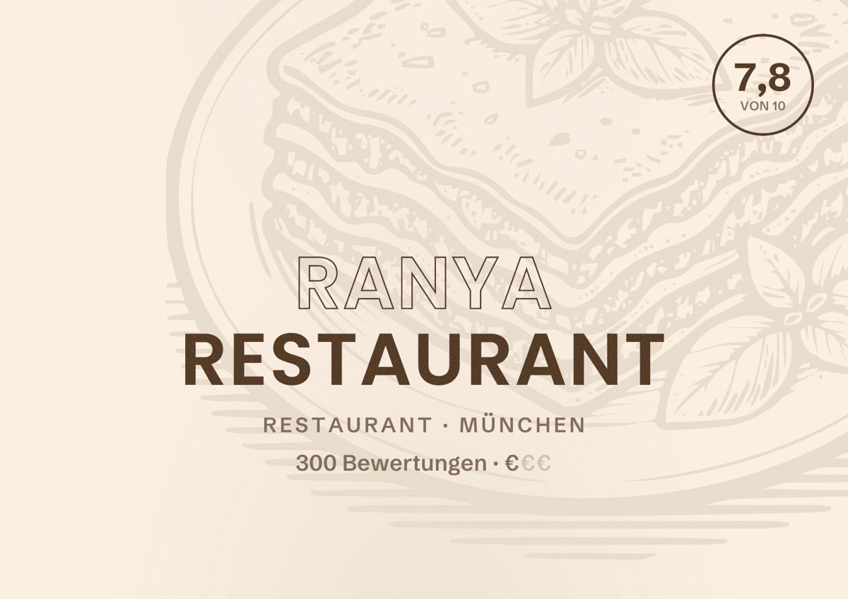 Illustriertes Poster von Ranya Restaurant, Restaurant in München: Bewertung 7,8 von 10 aus 300 Bewertungen, Preisniveau €