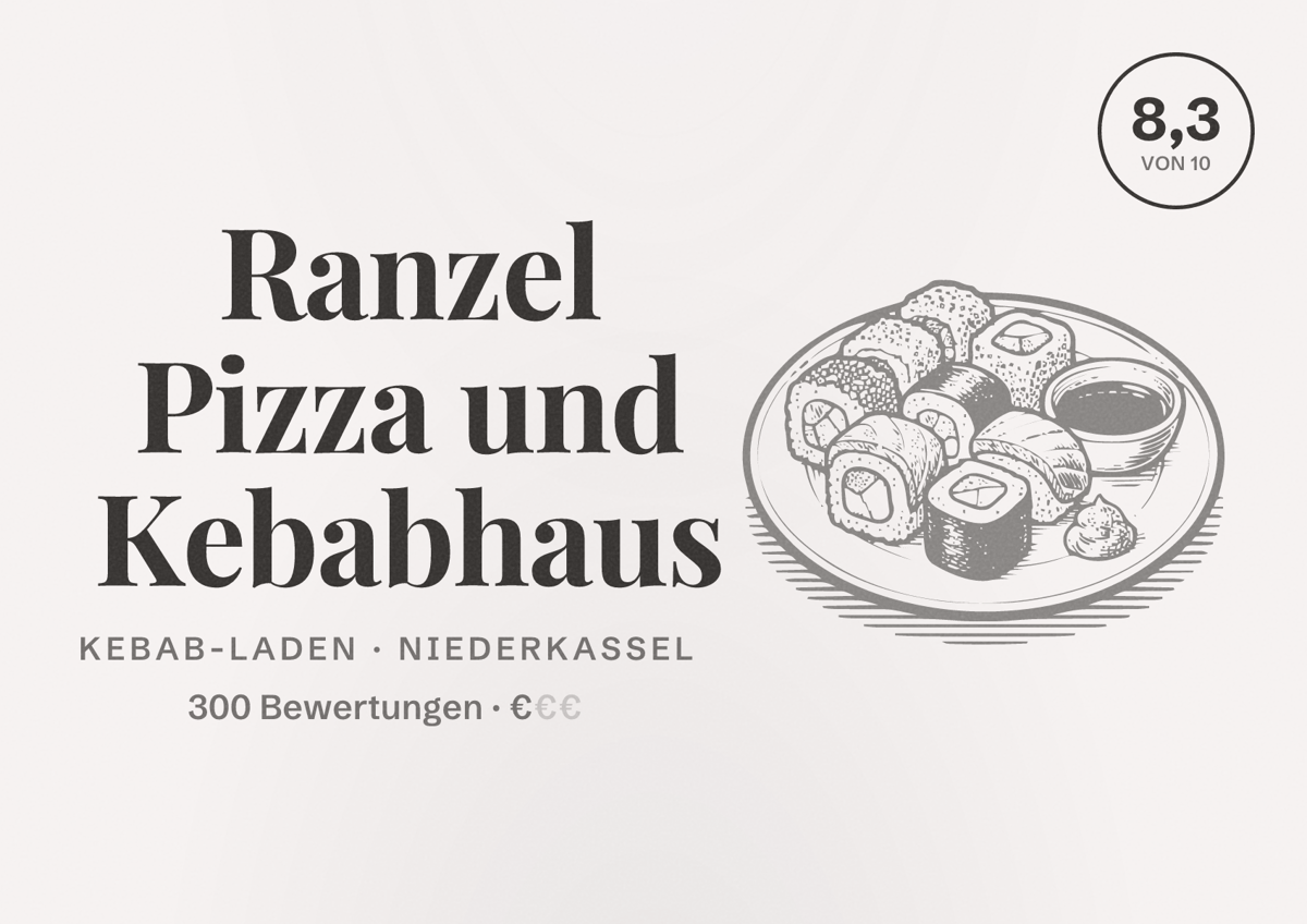 Illustriertes Poster von Ranzel Pizza und Kebabhaus, Kebab-Laden in Niederkassel: Bewertung 8,3 von 10 aus 300 Bewertungen, Preisniveau €