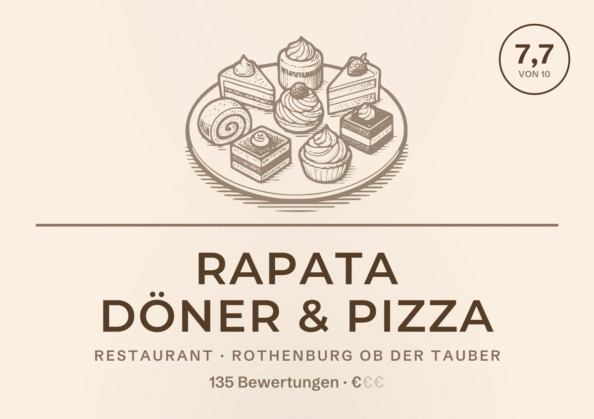 Illustriertes Poster von Rapata Döner & Pizza, Restaurant in Rothenburg ob der Tauber: Bewertung 7,7 von 10 aus 135 Bewertungen, Preisniveau €