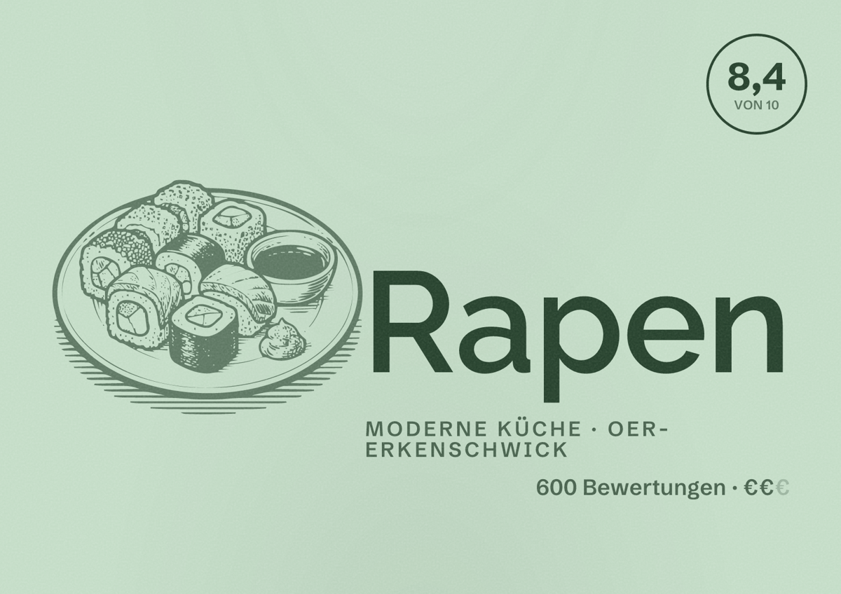 Illustriertes Poster von Rapen, Moderne Küche in Oer-Erkenschwick: Bewertung 8,4 von 10 aus 600 Bewertungen, Preisniveau €€