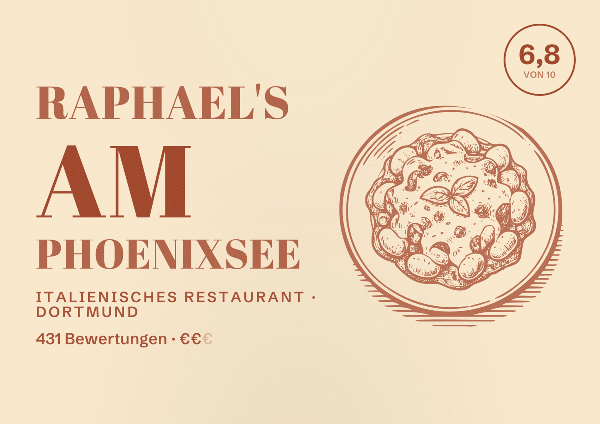 Illustriertes Poster von Raphael's am Phoenixsee, Italienisches Restaurant in Dortmund: Bewertung 6,8 von 10 aus 431 Bewertungen, Preisniveau €€