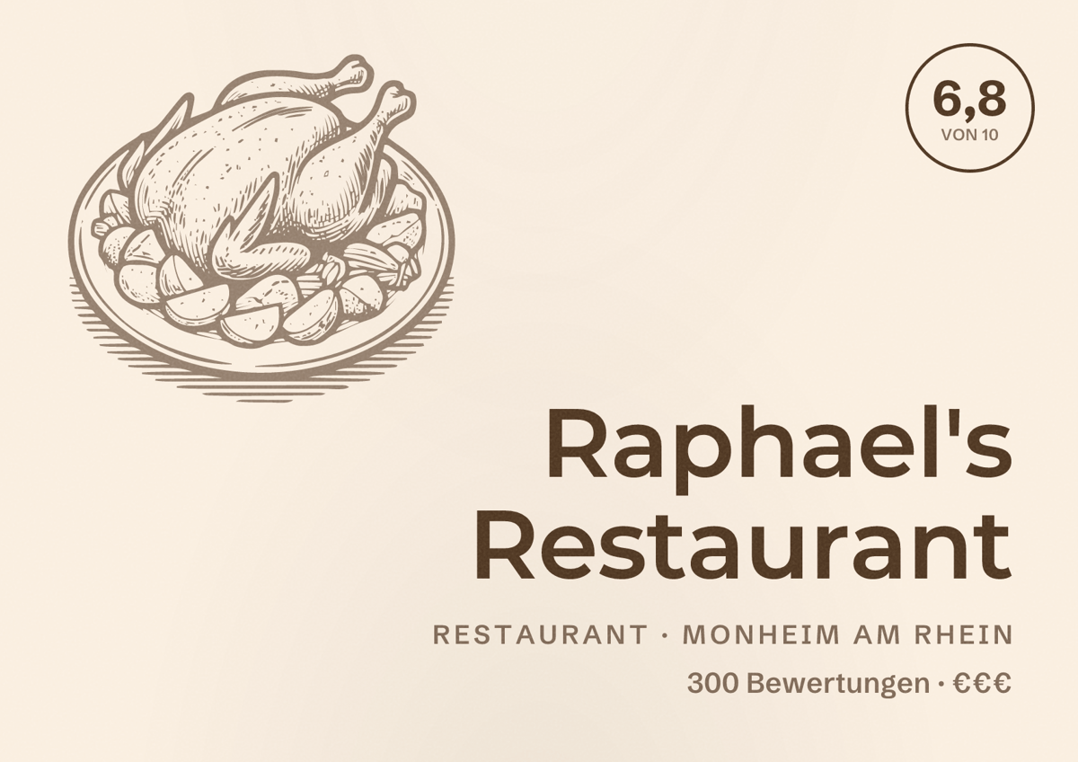 Illustriertes Poster von Raphael's Restaurant, Restaurant in Monheim am Rhein: Bewertung 6,8 von 10 aus 300 Bewertungen, Preisniveau €€€