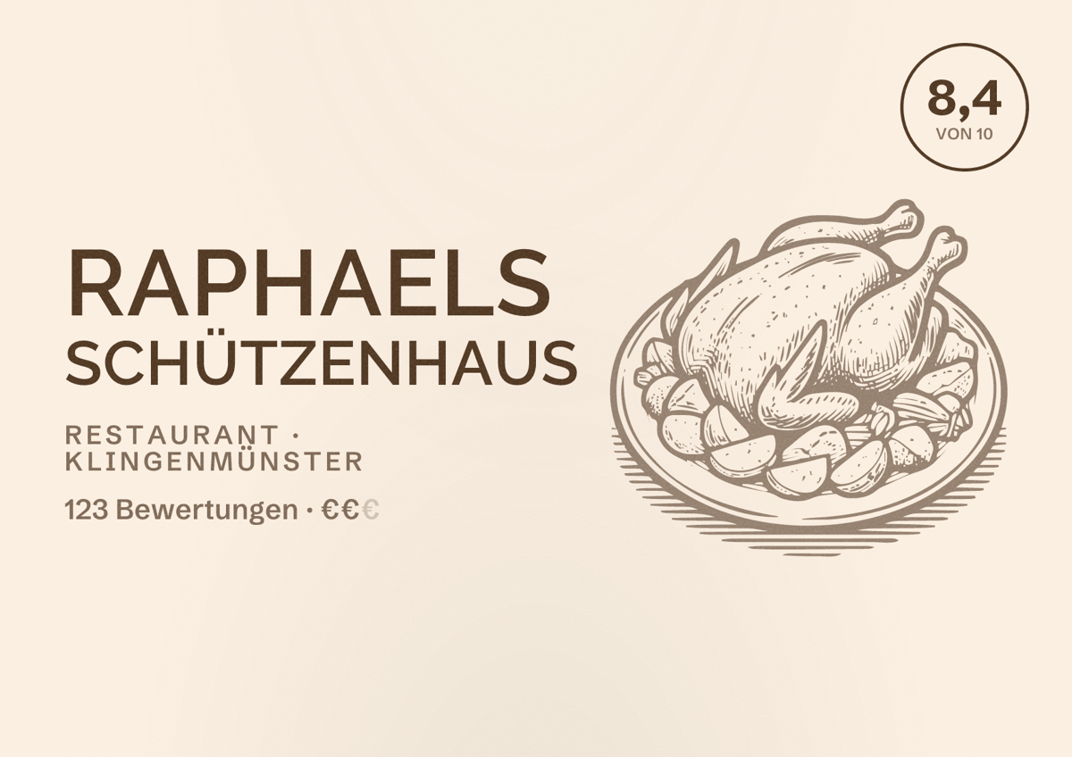 Illustriertes Poster von Raphaels Schützenhaus, Restaurant in Klingenmünster: Bewertung 8,4 von 10 aus 123 Bewertungen, Preisniveau €€