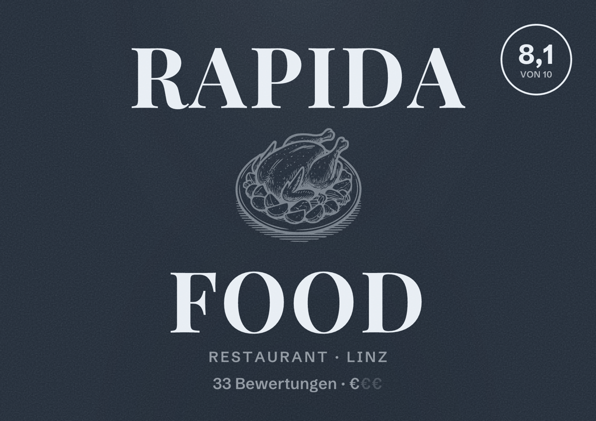 Illustriertes Poster von Rapida Food, Restaurant in Linz: Bewertung 8,1 von 10 aus 33 Bewertungen, Preisniveau €