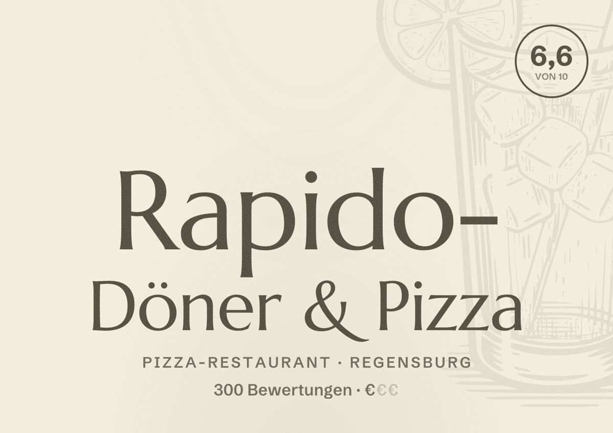 Illustriertes Poster von Rapido- Döner & Pizza, Pizza-Restaurant in Regensburg: Bewertung 6,6 von 10 aus 300 Bewertungen, Preisniveau €