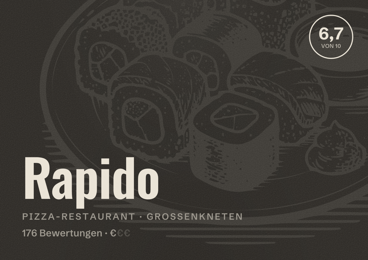 Illustriertes Poster von Rapido, Pizza-Restaurant in Großenkneten: Bewertung 6,7 von 10 aus 176 Bewertungen, Preisniveau €