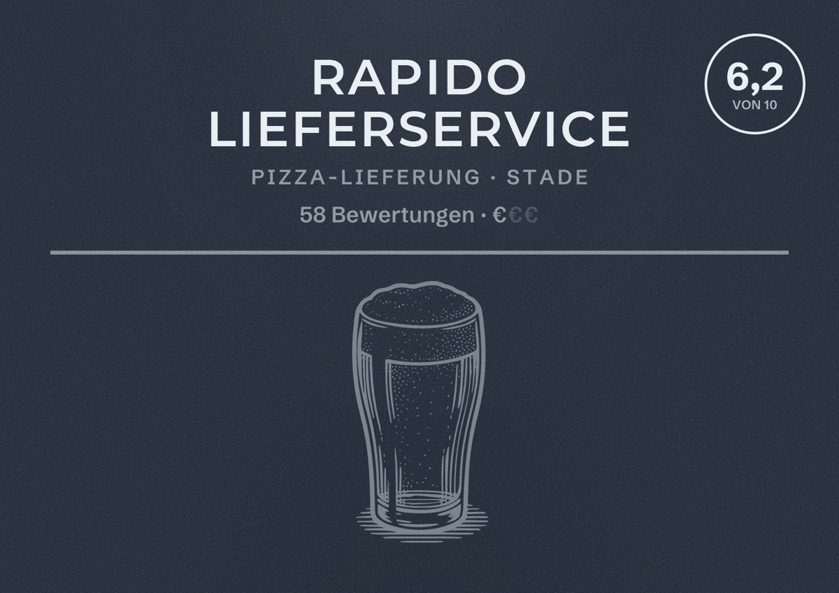 Illustriertes Poster von Rapido Lieferservice, Pizza-Lieferung in Stade: Bewertung 6,2 von 10 aus 58 Bewertungen, Preisniveau €