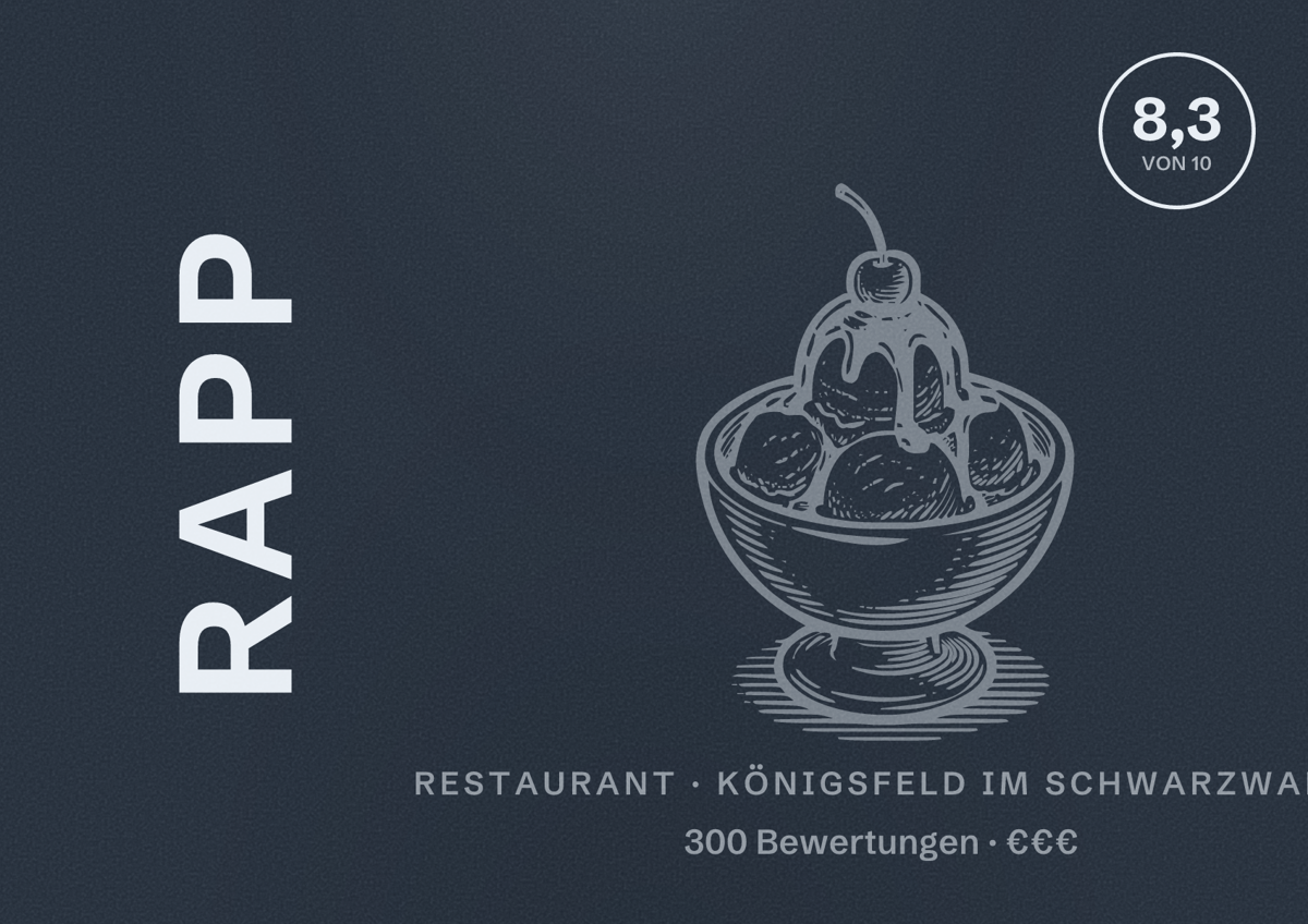 Illustriertes Poster von Rapp, Restaurant in Königsfeld im Schwarzwald: Bewertung 8,3 von 10 aus 300 Bewertungen, Preisniveau €€€