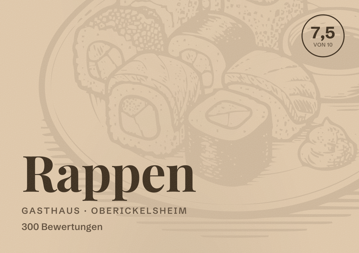 Illustriertes Poster von Rappen, Gasthaus in Oberickelsheim: Bewertung 7,5 von 10 aus 300 Bewertungen