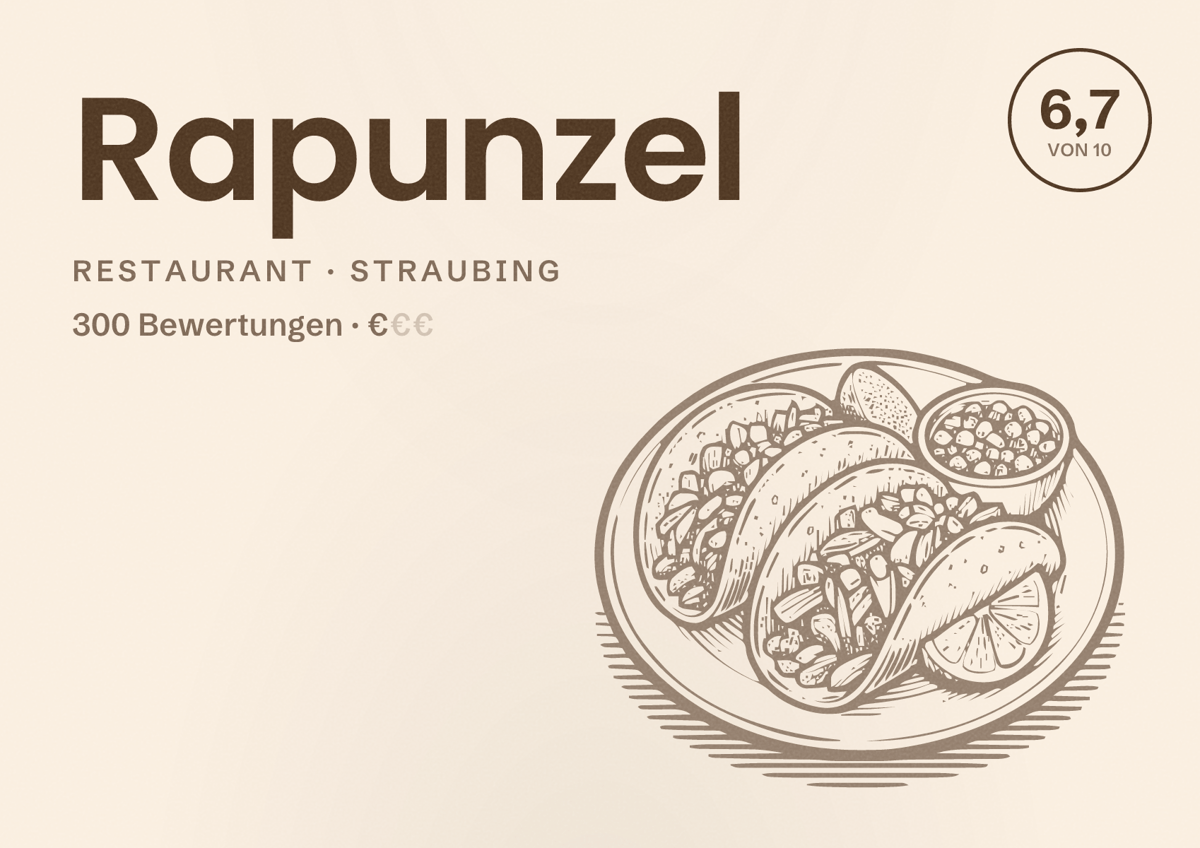 Illustriertes Poster von Rapunzel, Restaurant in Straubing: Bewertung 6,7 von 10 aus 300 Bewertungen, Preisniveau €