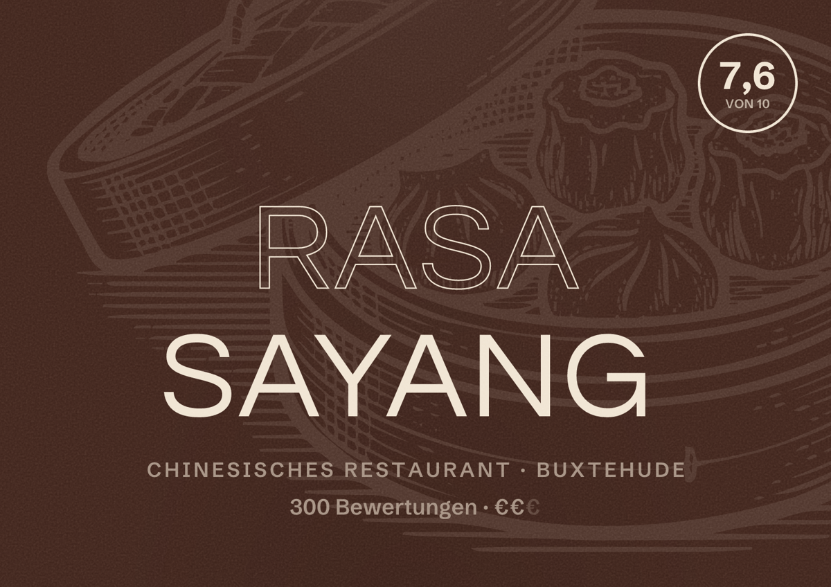 Illustriertes Poster von Rasa Sayang, Chinesisches Restaurant in Buxtehude: Bewertung 7,6 von 10 aus 300 Bewertungen, Preisniveau €€