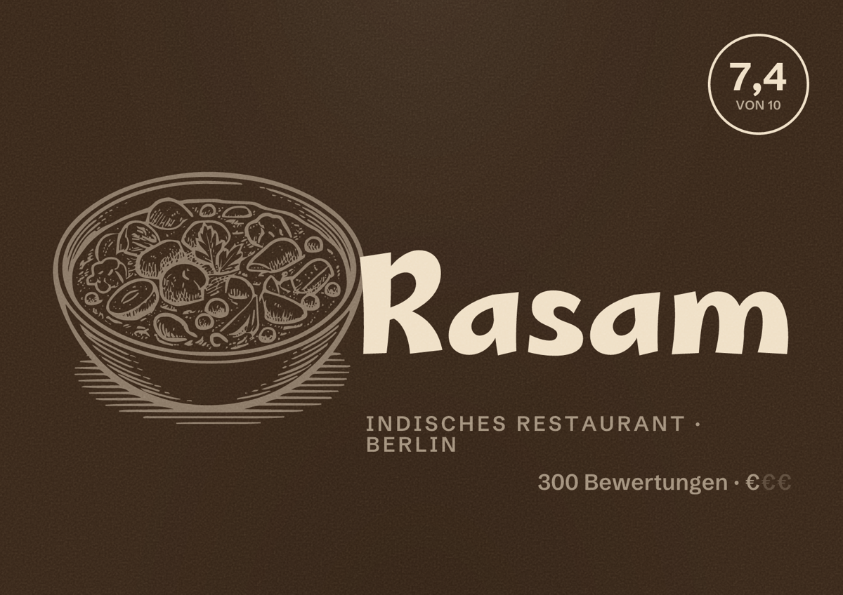 Illustriertes Poster von Rasam, Indisches Restaurant in Berlin: Bewertung 7,4 von 10 aus 300 Bewertungen, Preisniveau €