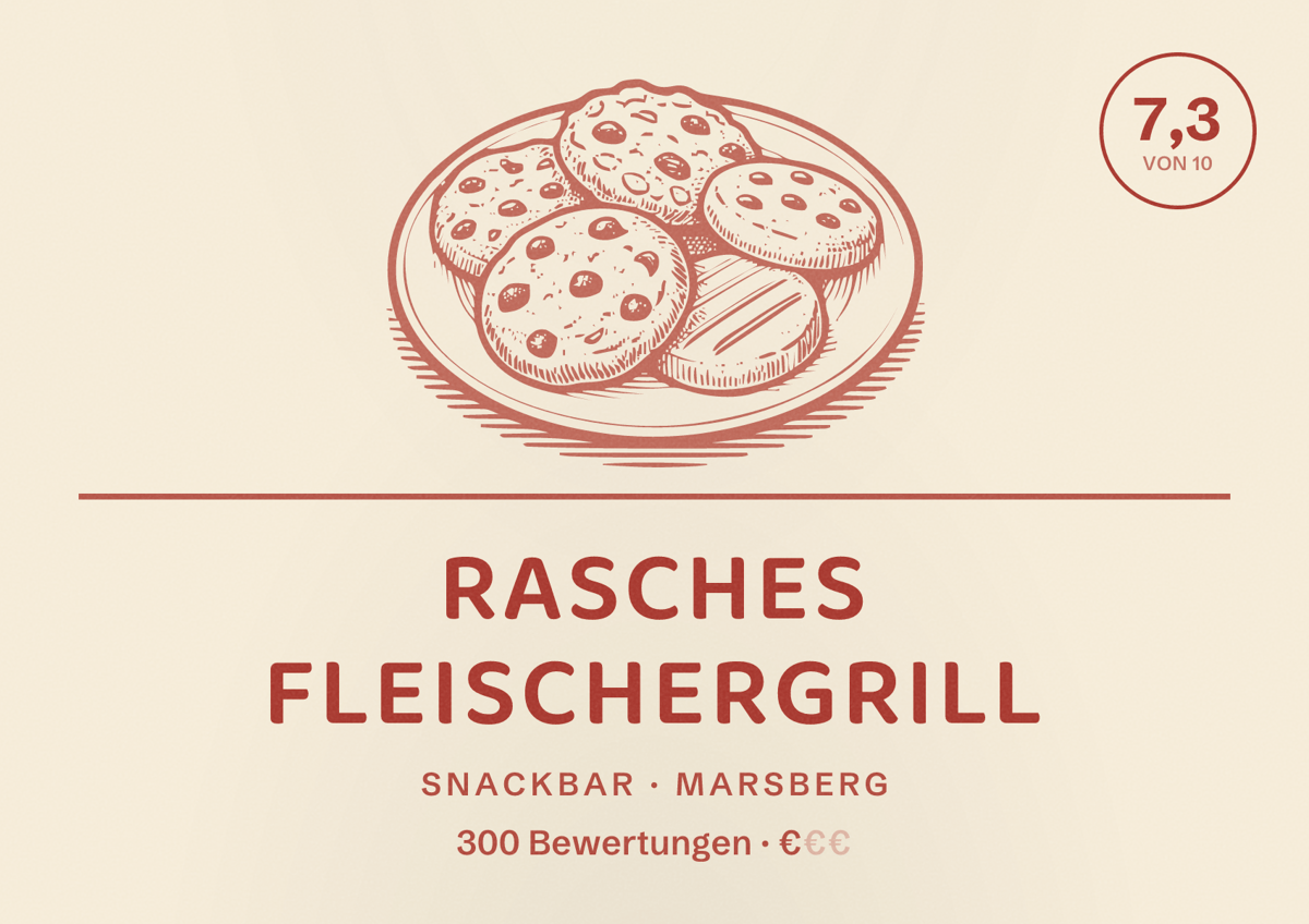 Illustriertes Poster von Rasches Fleischergrill, Snackbar in Marsberg: Bewertung 7,3 von 10 aus 300 Bewertungen, Preisniveau €
