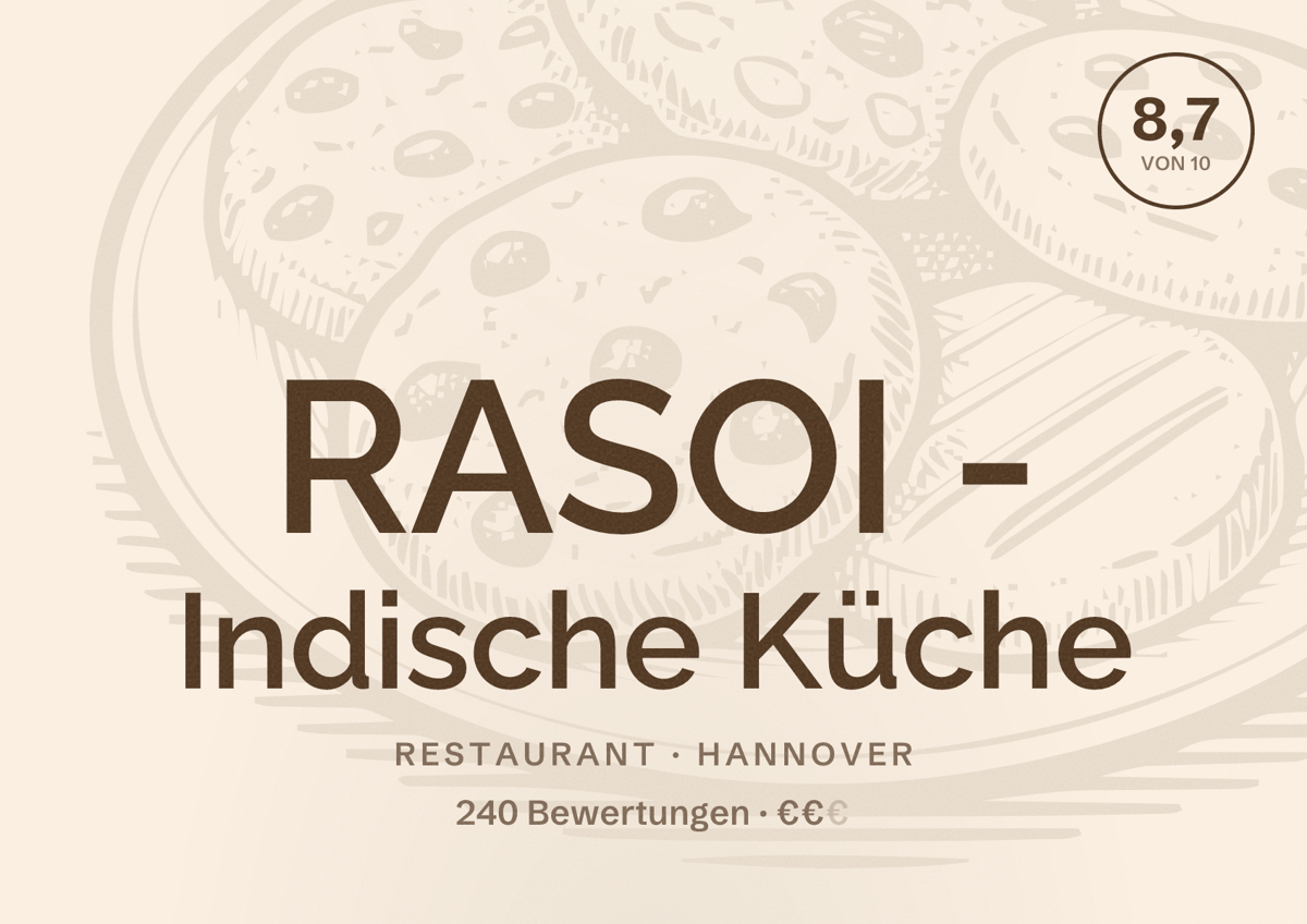 Illustriertes Poster von RASOI - Indische Küche, Restaurant in Hannover: Bewertung 8,7 von 10 aus 240 Bewertungen, Preisniveau €€