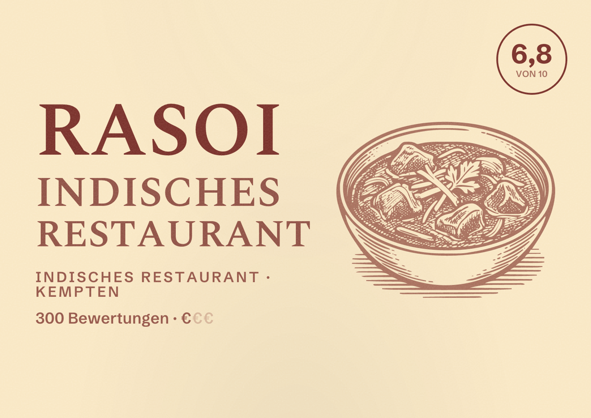 Illustriertes Poster von Rasoi Indisches Restaurant, Indisches Restaurant in Kempten: Bewertung 6,8 von 10 aus 300 Bewertungen, Preisniveau €