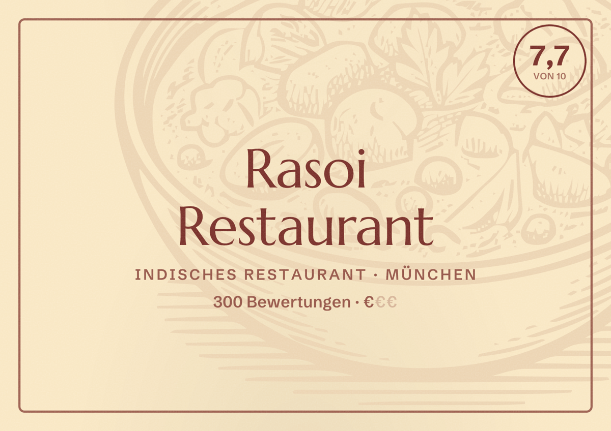 Illustriertes Poster von Rasoi Restaurant, Indisches Restaurant in München: Bewertung 7,7 von 10 aus 300 Bewertungen, Preisniveau €