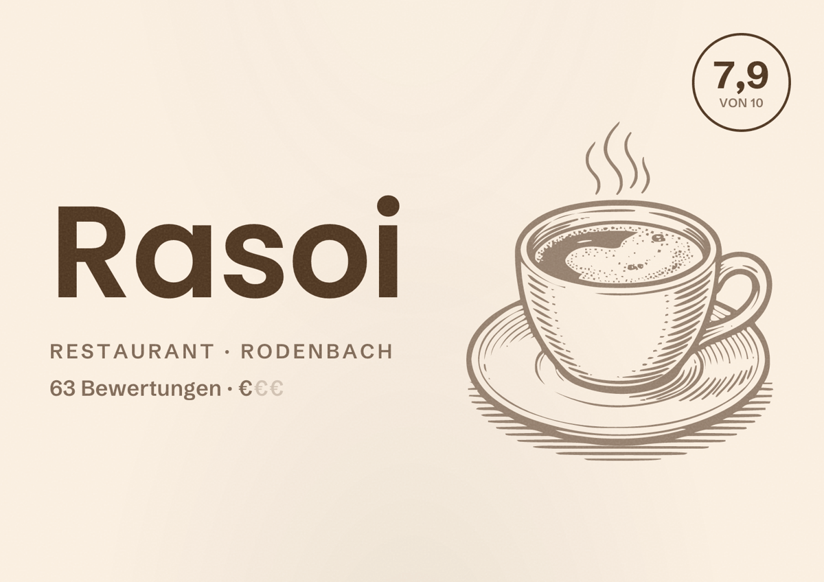 Illustriertes Poster von Rasoi, Restaurant in Rodenbach: Bewertung 7,9 von 10 aus 63 Bewertungen, Preisniveau €