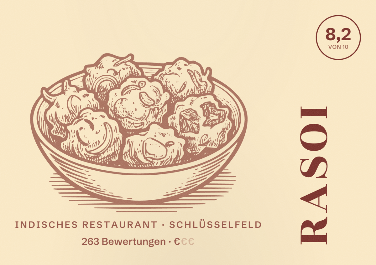 Illustriertes Poster von Rasoi, Indisches Restaurant in Schlüsselfeld: Bewertung 8,2 von 10 aus 263 Bewertungen, Preisniveau €
