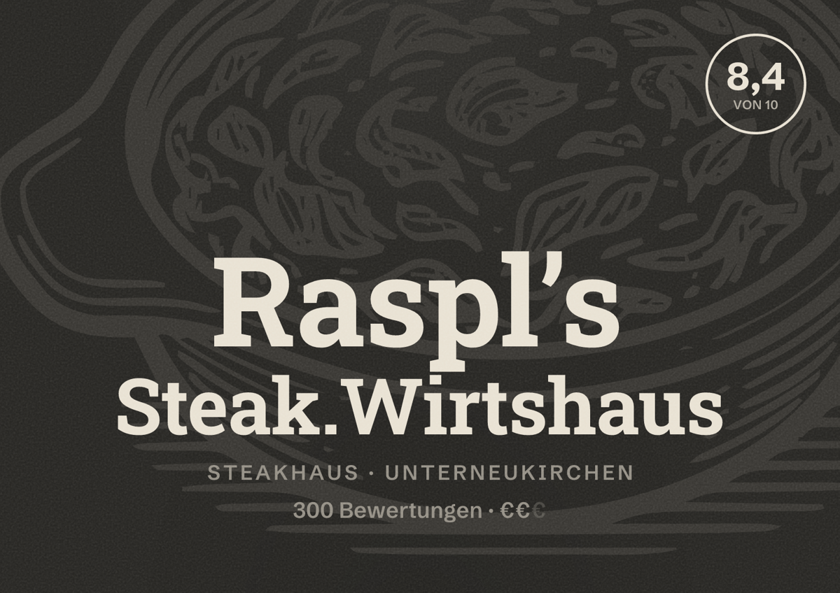 Illustriertes Poster von Raspl’s Steak.Wirtshaus, Steakhaus in Unterneukirchen: Bewertung 8,4 von 10 aus 300 Bewertungen, Preisniveau €€