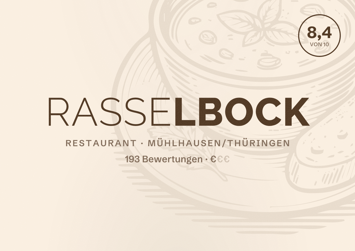 Illustriertes Poster von Rasselbock, Restaurant in Mühlhausen/Thüringen: Bewertung 8,4 von 10 aus 193 Bewertungen, Preisniveau €