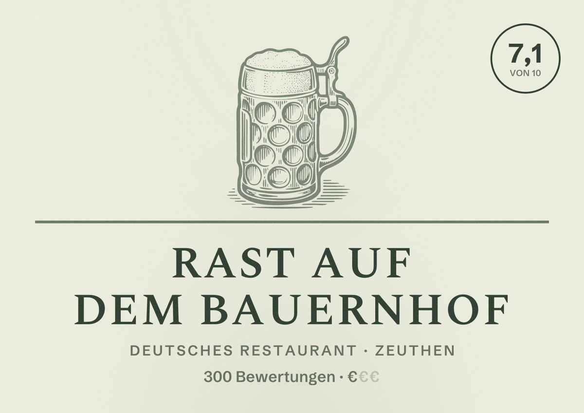 Illustriertes Poster von Rast auf dem Bauernhof, Deutsches Restaurant in Zeuthen: Bewertung 7,1 von 10 aus 300 Bewertungen, Preisniveau €
