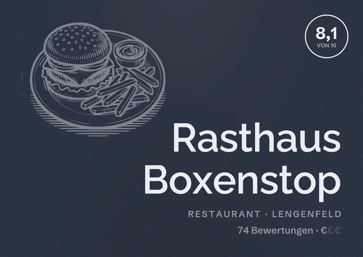 Illustriertes Poster von Rasthaus Boxenstop, Restaurant in Lengenfeld: Bewertung 8,1 von 10 aus 74 Bewertungen, Preisniveau €